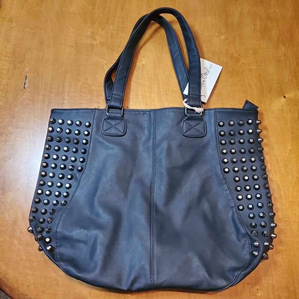 Black Pleather Tote Studded Detail